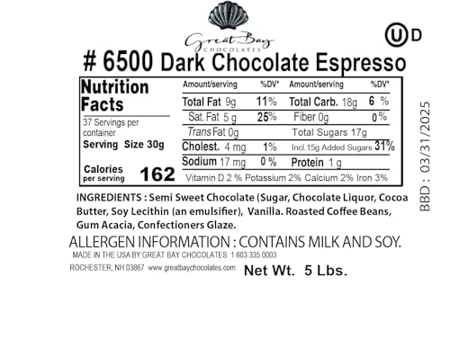 Great Bay Chocolates Dark Chocolate Espresso Beans. Nut- Free (5 Lbs.)