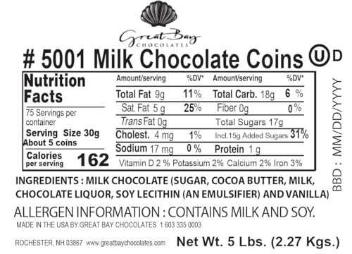 Great Bay Chocolates Large Milk Chocolate Gold Coins. Nut Free (5 Lbs.)